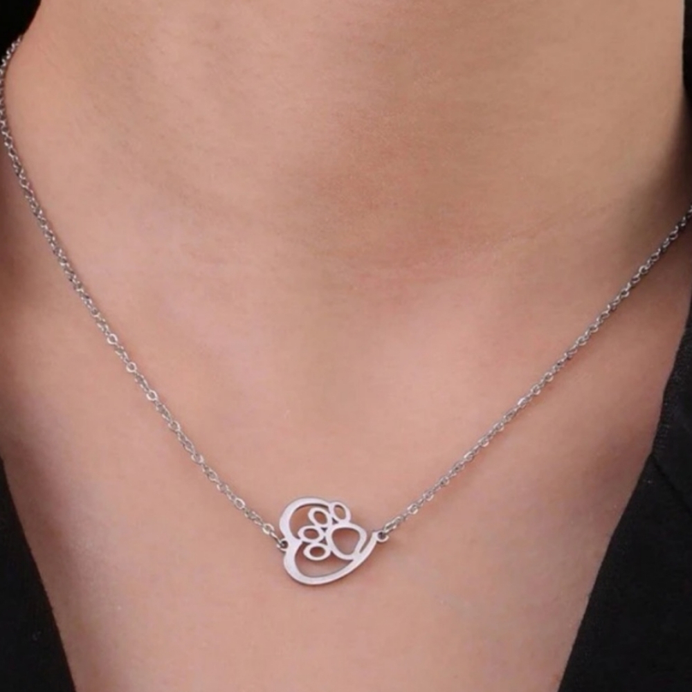 Stainless steel heart paw print necklace